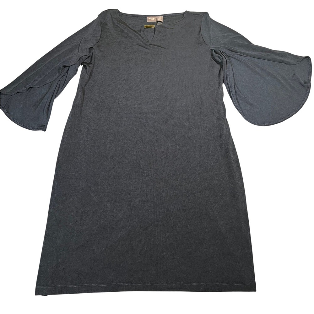 Chico's Travelers Dress Women's Size L Black‎ Slinky Bell Sleeve Gold Detail